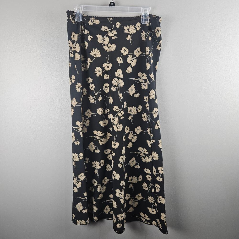 Vintage Black Floral Midi Skirt Y2K Grunge Coquette Old Navy Slip Style Size 10‎